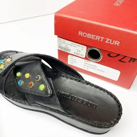 NEW Robert Zur Criss Cross Platform Slides 5.5 Sandals Black Leather Soft $285