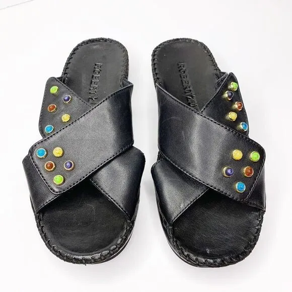 NEW Robert Zur Criss Cross Platform Slides 5.5 Sandals Black Leather Soft $285