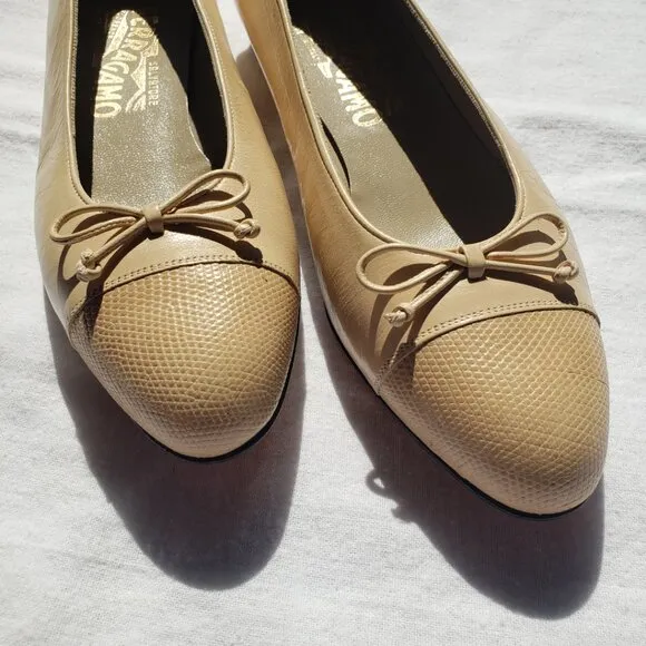 NEW! Salvatore Ferragamo Snakeskin Cap Toe Ballet Flats Beige 6B