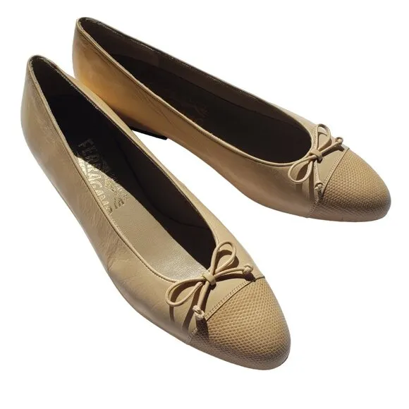 NEW! Salvatore Ferragamo Snakeskin Cap Toe Ballet Flats Beige 6B