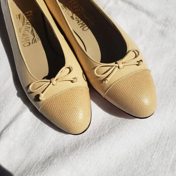 NEW! Salvatore Ferragamo Snakeskin Cap Toe Ballet Flats Beige 6B
