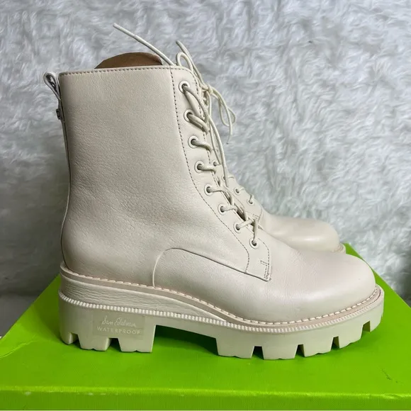 New SAM EDELMAN Garret leather combat boots size 7.5 in ivory