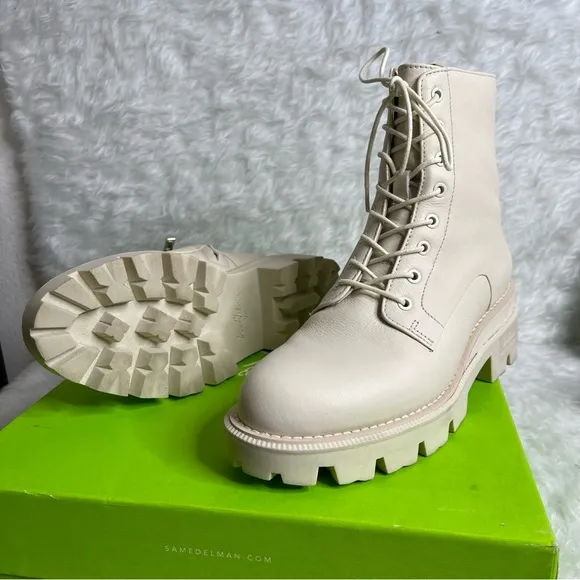 New SAM EDELMAN Garret leather combat boots size 7.5 in ivory