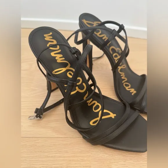 New Sam Edelman Womens Lilly Black Leather Ankle Strappy Heels Shoes Size 8.5