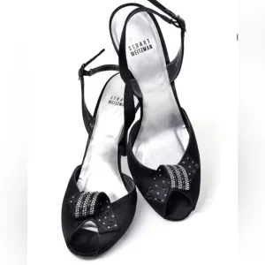 New STUART WEITZMAN satin sling back peep toe sandals black crystal bow 8W