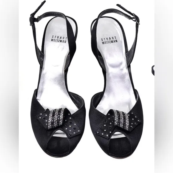 New STUART WEITZMAN satin sling back peep toe sandals black crystal bow 8W