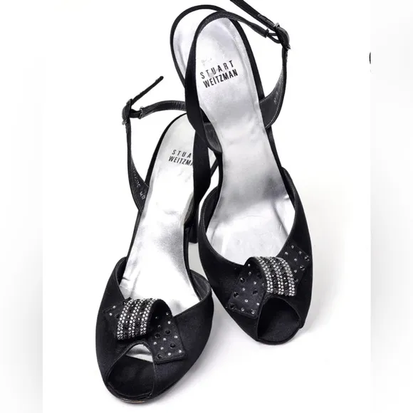 New STUART WEITZMAN satin sling back peep toe sandals black crystal bow 8W