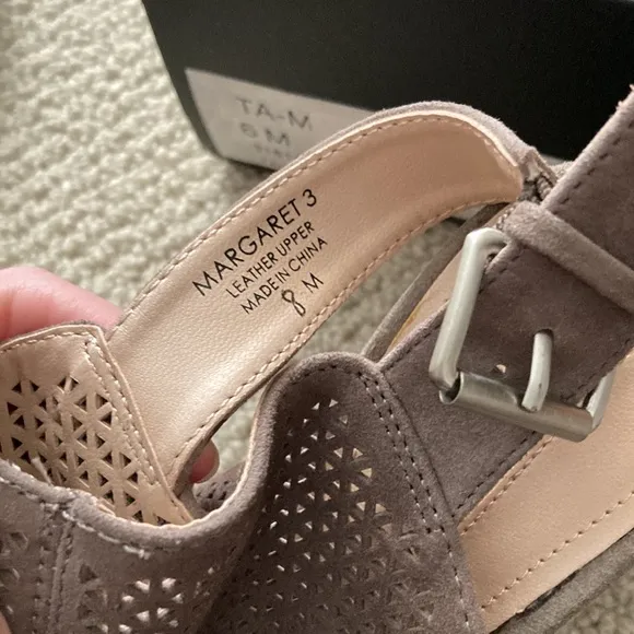 NEW TAHARI Taupe Grey Margaret Perforated Suede Block Heel Sandals Shoes 8 NIB