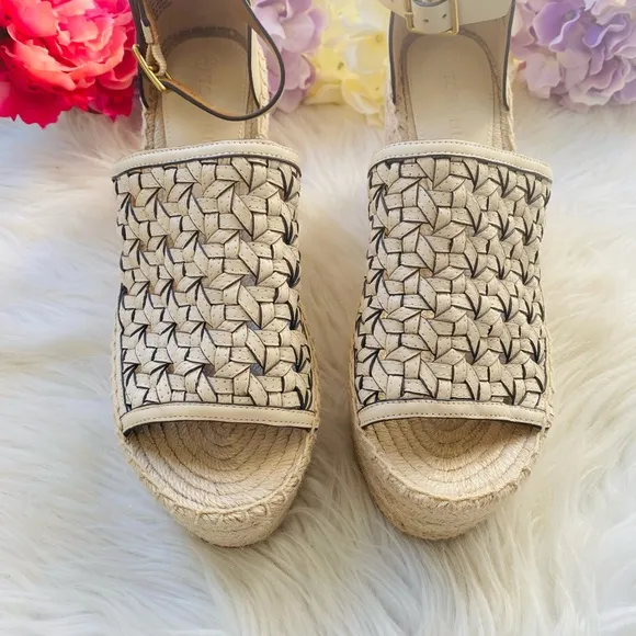 NEW | Tory Burch Basketweave Calfskin Wedge Espadrille Sandals