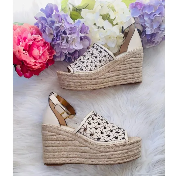NEW | Tory Burch Basketweave Calfskin Wedge Espadrille Sandals