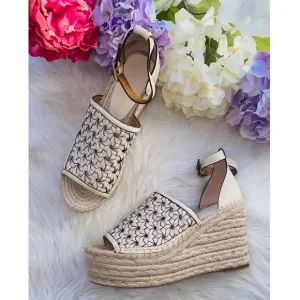 NEW | Tory Burch Basketweave Calfskin Wedge Espadrille Sandals