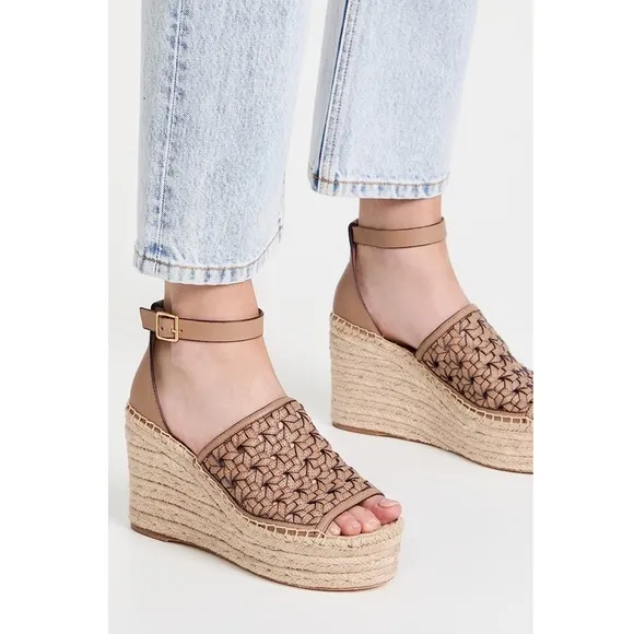 NEW | Tory Burch Basketweave Calfskin Wedge Espadrille Sandals