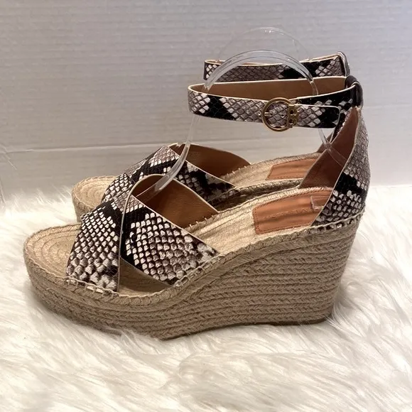New Tory Burch Selby Snakeskin Embossed Leather Espadrille Wedge Sandals Size 10