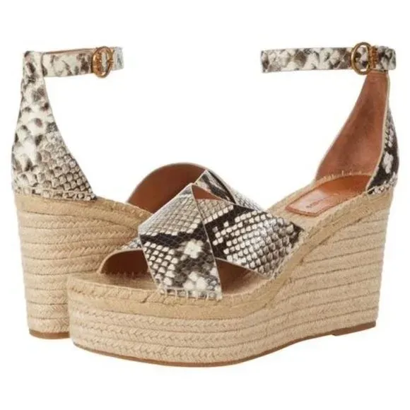 New Tory Burch Selby Snakeskin Embossed Leather Espadrille Wedge Sandals Size 10