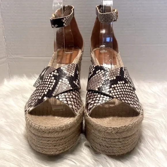 New Tory Burch Selby Snakeskin Embossed Leather Espadrille Wedge Sandals Size 10