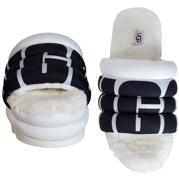 New Ugg maxi slide logo quilted puff platform slipper sandals white black size 8