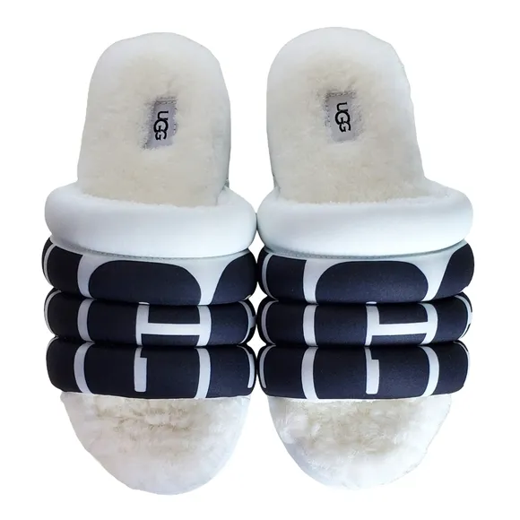 New Ugg maxi slide logo quilted puff platform slipper sandals white black size 8
