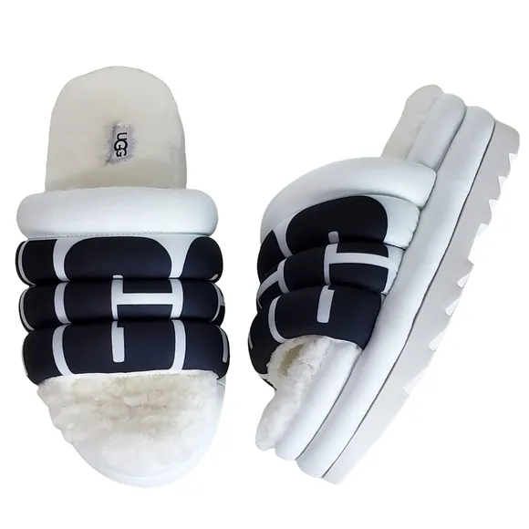New Ugg maxi slide logo quilted puff platform slipper sandals white black size 8