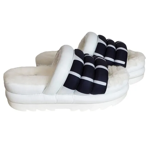 New Ugg maxi slide logo quilted puff platform slipper sandals white black size 8