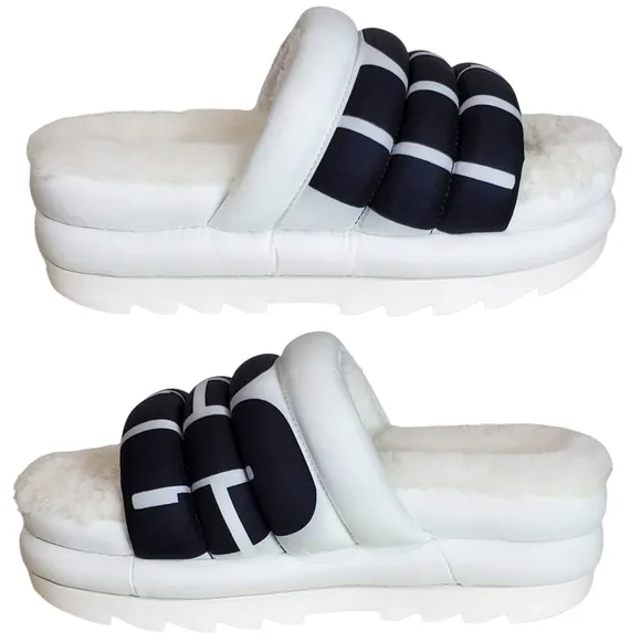 New Ugg maxi slide logo quilted puff platform slipper sandals white black size 8