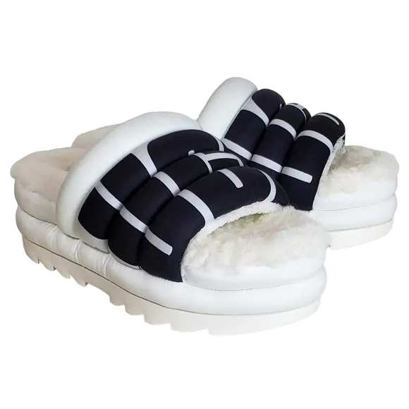 New Ugg maxi slide logo quilted puff platform slipper sandals white black size 8