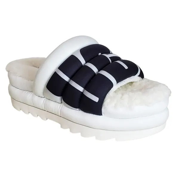 New Ugg maxi slide logo quilted puff platform slipper sandals white black size 8
