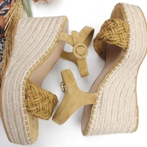 New Veronica Beard Mustard Tan Reema Platform Espadrille Sandals Size 10