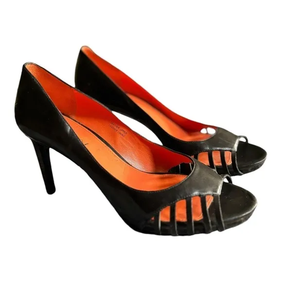 NEW Via Spiga Black Leather Peep Toe Pumps Size 9.5 High Heel Shoes