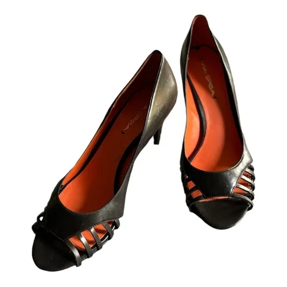 NEW Via Spiga Black Leather Peep Toe Pumps Size 9.5 High Heel Shoes