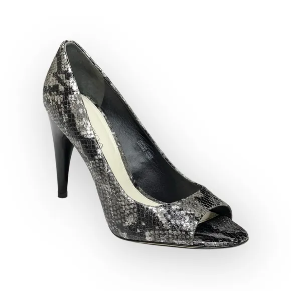 new Via Spiga  Metallic Python Leather Peep Toe Heels Pumps  Black Grey  8.5M