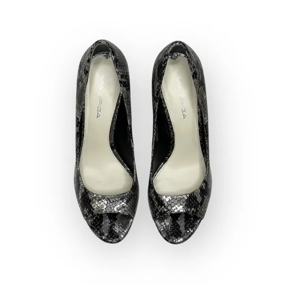 new Via Spiga  Metallic Python Leather Peep Toe Heels Pumps  Black Grey  8.5M
