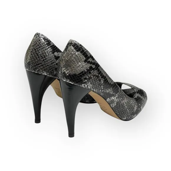 new Via Spiga  Metallic Python Leather Peep Toe Heels Pumps  Black Grey  8.5M