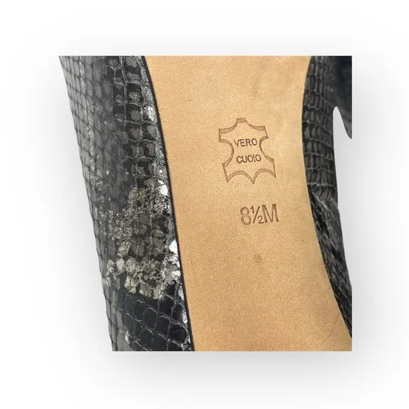 new Via Spiga  Metallic Python Leather Peep Toe Heels Pumps  Black Grey  8.5M