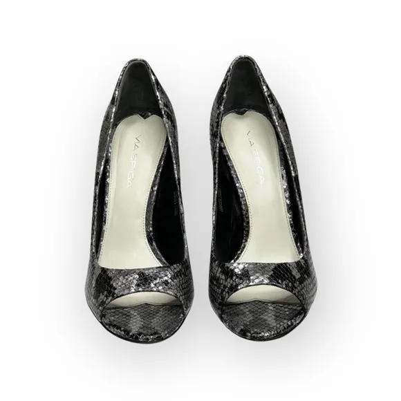 new Via Spiga  Metallic Python Leather Peep Toe Heels Pumps  Black Grey  8.5M