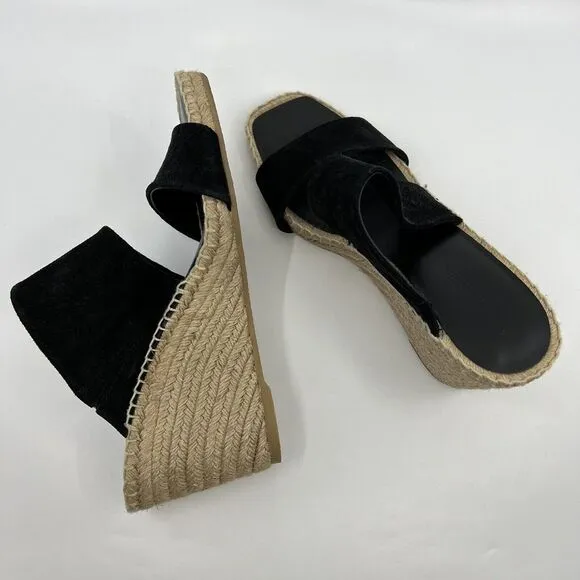 NEW VINCE Garlin espadrille wedge sandals leather suede black Women 8.5‎ Square