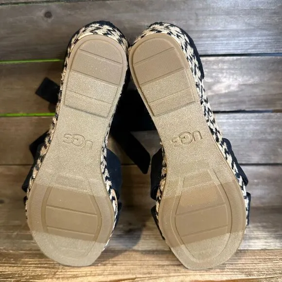 New Womens Ugg Yarrow Black Canvas Wedge Ankle Strap Espadrille Sandals Size 6 M