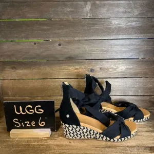 New Womens Ugg Yarrow Black Canvas Wedge Ankle Strap Espadrille Sandals Size 6 M