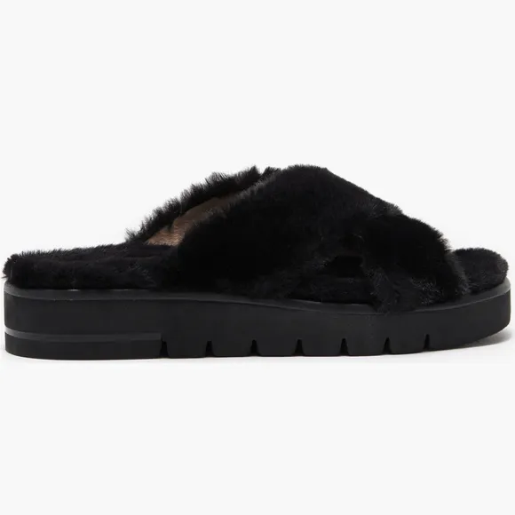 NEW🌟Stuart Weitzman Roza Lift Faux Fur Platform Slide Sandals Sz. 38.5/8B -Black