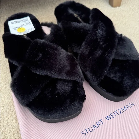 NEW🌟Stuart Weitzman Roza Lift Faux Fur Platform Slide Sandals Sz. 38.5/8B -Black