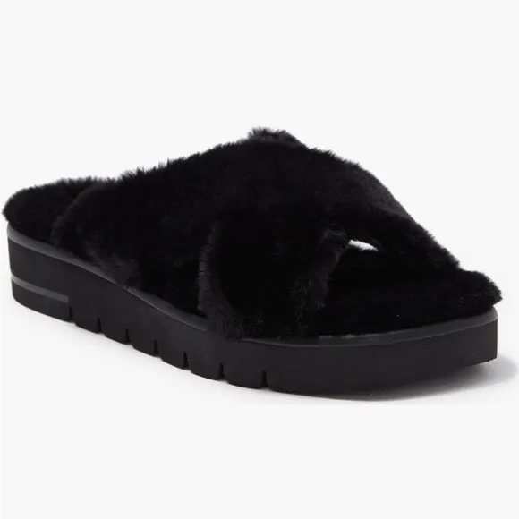 NEW🌟Stuart Weitzman Roza Lift Faux Fur Platform Slide Sandals Sz. 38.5/8B -Black