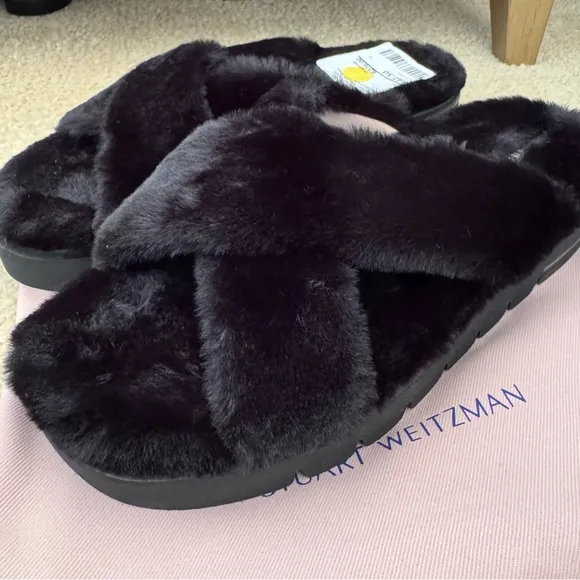 NEW🌟Stuart Weitzman Roza Lift Faux Fur Platform Slide Sandals Sz. 38.5/8B -Black