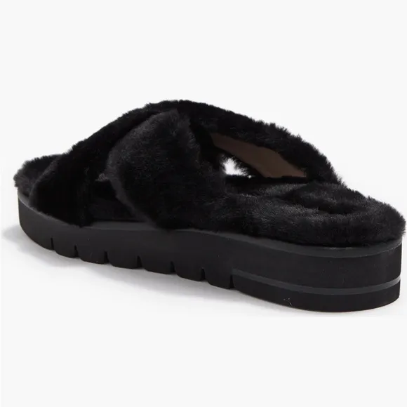 NEW🌟Stuart Weitzman Roza Lift Faux Fur Platform Slide Sandals Sz. 38.5/8B -Black