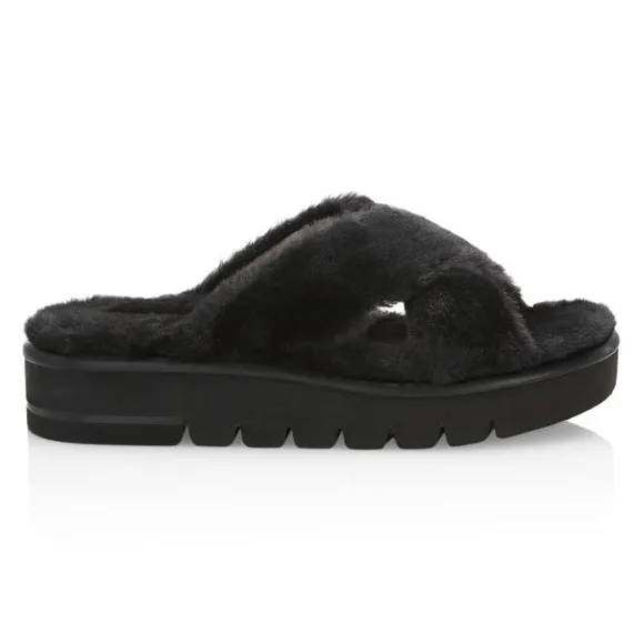 NEW🌟Stuart Weitzman Roza Lift Faux Fur Platform Slide Sandals Sz. 38.5/8B -Black