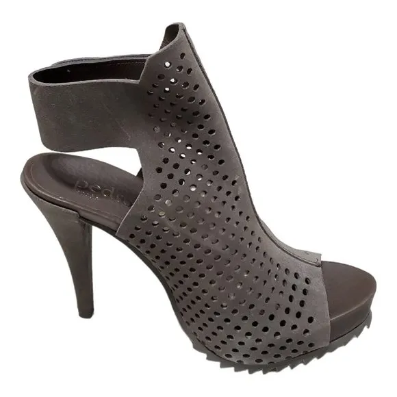 NIB PEDRO GARCIA Persis Perforated Sandals Peep Toe Gray Suede Stiletto Sz 39.5