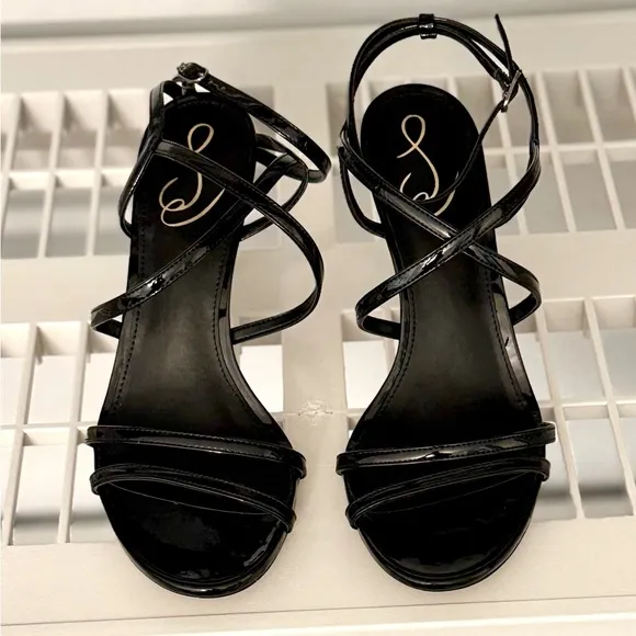 NIB Sam Edelman Delanie Black Patent Strappy Stiletto Heels