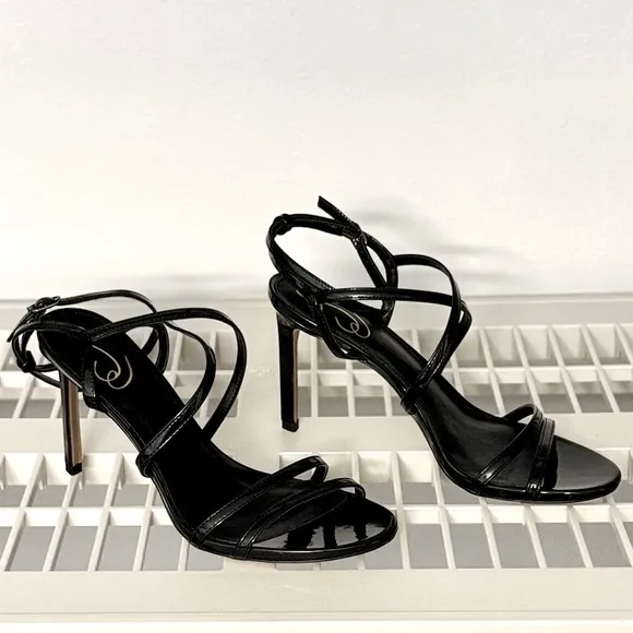 NIB Sam Edelman Delanie Black Patent Strappy Stiletto Heels