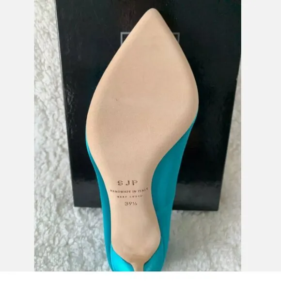 NIB SJP by Sarah Jessica Parker Fawn Satin Pumps EU 39.5 US 8.5 Turquoise 100mm