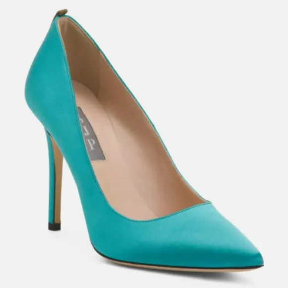 NIB SJP by Sarah Jessica Parker Fawn Satin Pumps EU 39.5 US 8.5 Turquoise 100mm