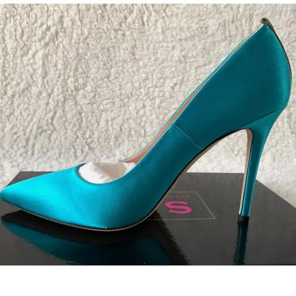 NIB SJP by Sarah Jessica Parker Fawn Satin Pumps EU 39.5 US 8.5 Turquoise 100mm
