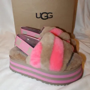 NIB UGG WOMEN'S DISCO WEDGE‎ SHEARLING SLIPPER SANDALS CHESTNUT PINK